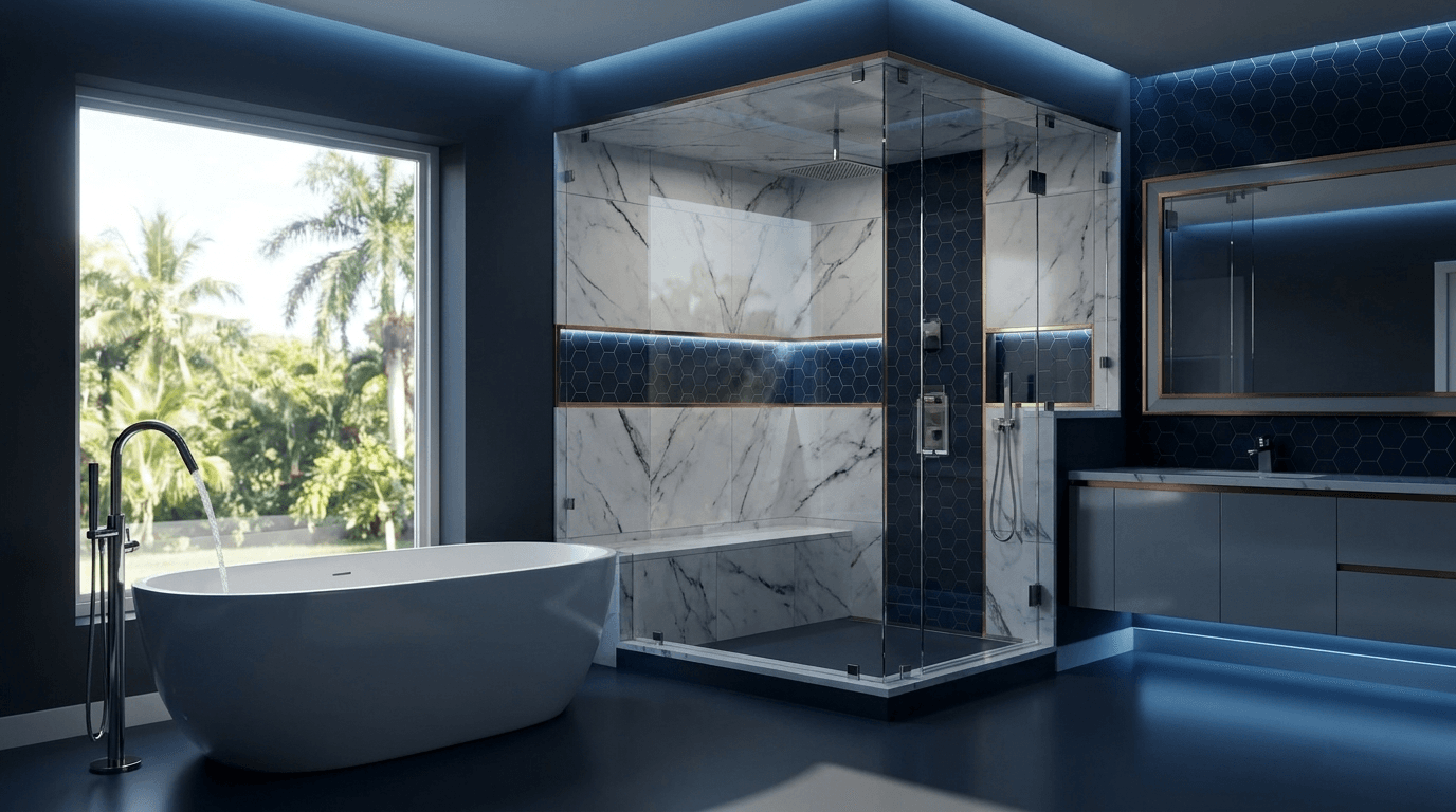 Modern luxury bathroom with rainfall shower and freestanding tub