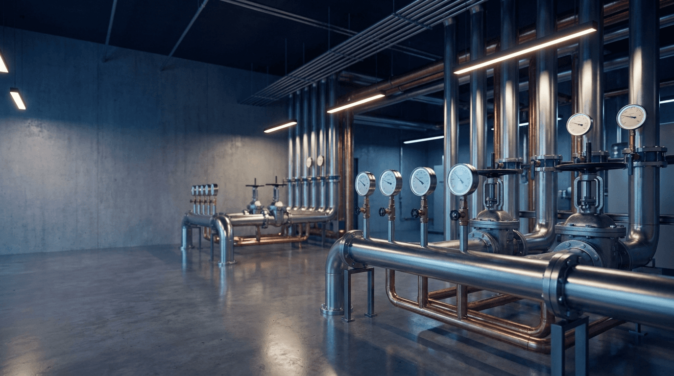 Commercial mechanical room with organized piping