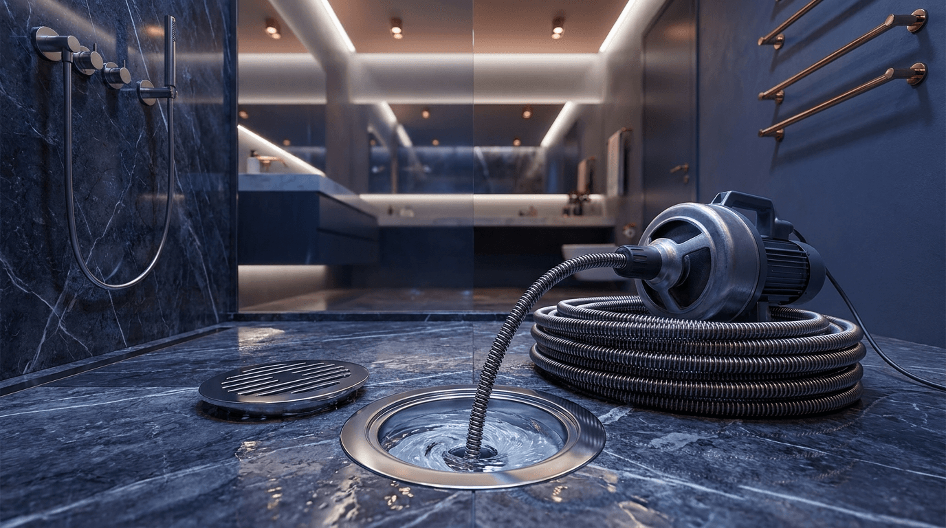 Professional drain cleaning equipment in a modern bathroom
