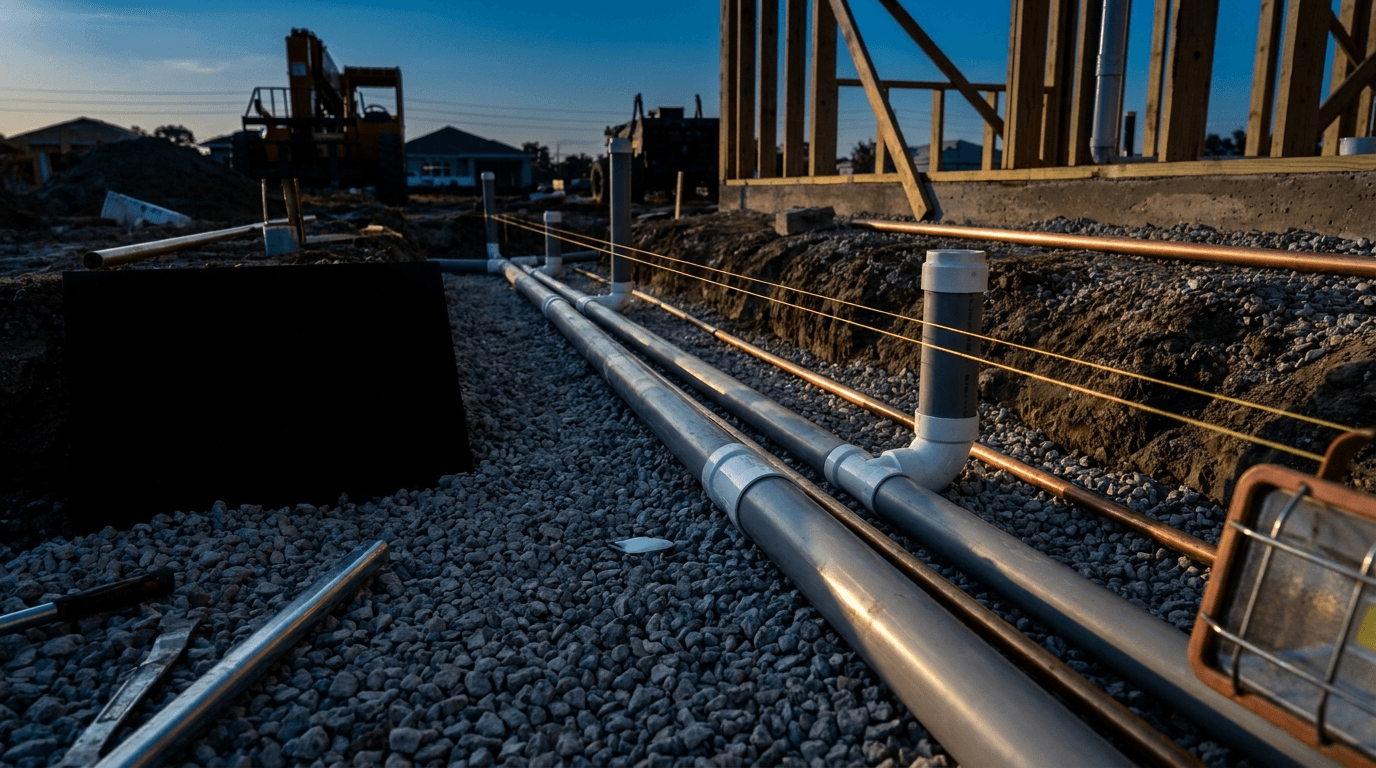 Underground plumbing rough-in on a new construction site